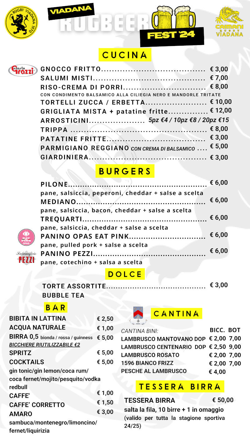 Menu stand gastronomici Rugbeer Fest 2024