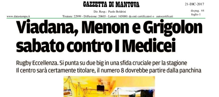 Viadana, Menon e Grigolon sabato contro I Medicei