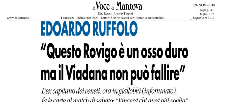 Edoardo Ruffolo: "Questo Rovigo è un osso duro ma il Viadana non può fallire"