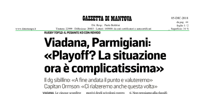 Viadana, Parmigiani: "Playoff? La situazione ora è complicatissima"