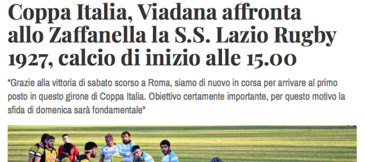 Coppa Italia, Viadana affronta  allo Zaffanella la S.S. Lazio Rugby  1927, calcio di inizio alle 15.00