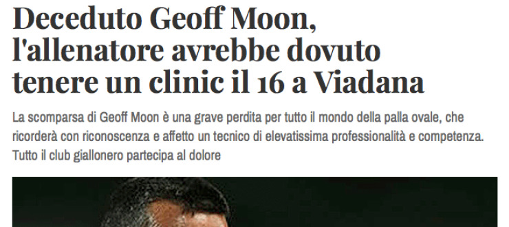 Deceduto Geoff Moon,  l'allenatore avrebbe dovuto  tenere un clinic il 16 a Viadana