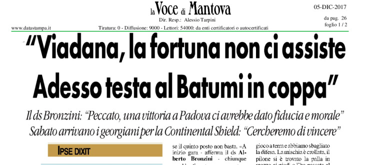 "Viadana, la fortuna non ci assiste. Adesso testa al Batumi in coppa"