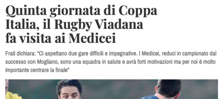 Quinta giornata di Coppa Italia, il Rugby Viadana  fa visita ai Medicei