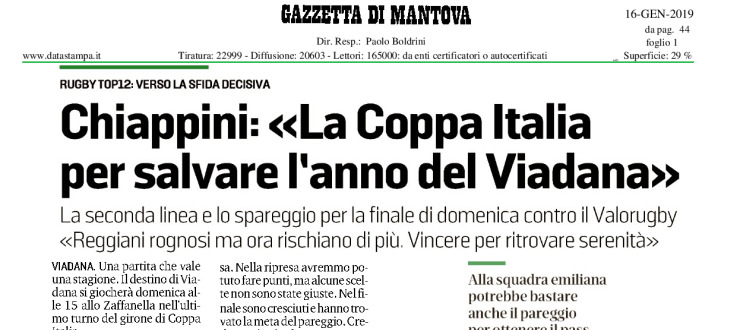 Chiappini: "La Coppa Italia per salvare l'anno del Viadana"