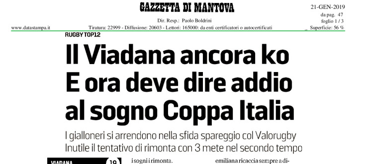 Il Viadana è ancora ko e ora deve dire addio al sogno Coppa Italia