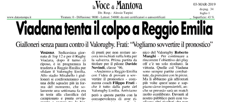 Viadana tenta il colpo a Reggio Emilia