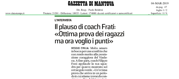 Il plauso di coach Frati: "Ottima prova dei ragazzi ma ora voglio i punti"