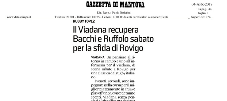 Il Viadana recupera Bacchi e Ruffolo sabato per la sfida di Rovigo