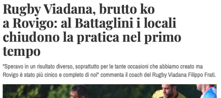 Rugby Viadana, brutto ko  a Rovigo: al Battaglini i locali  chiudono la pratica nel primo tempo