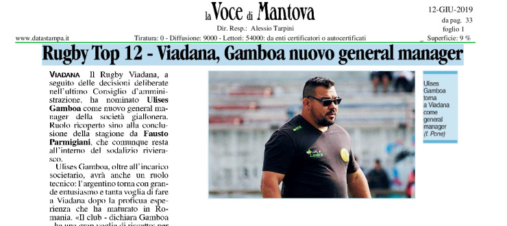 Rugby Top 12 - Viadana, Gamboa nuovo general manager