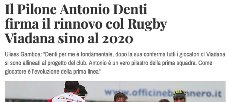 Il Pilone Antonio Denti  firma il rinnovo col Rugby  Viadana sino al 2020