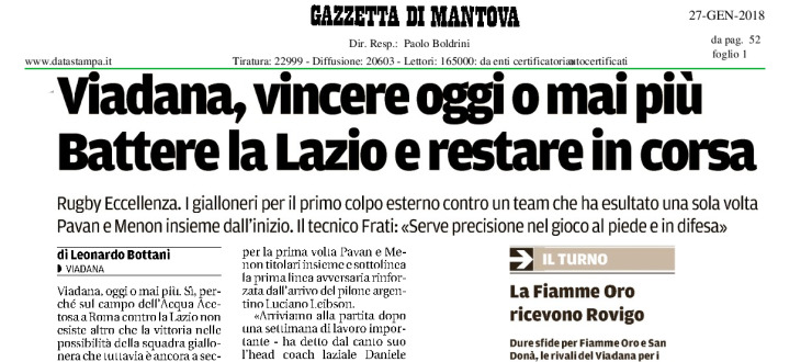 Viadana, vincere oggi o mai più. Battere la Lazio e restare in corsa