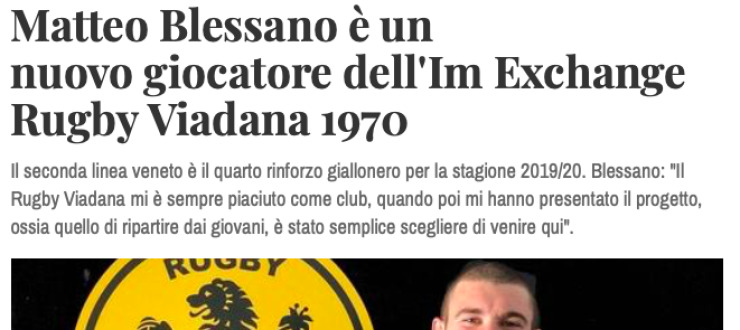 Matteo Blessano è un nuovo giocatore dell'IM Exchange  Rugby Viadana 1970