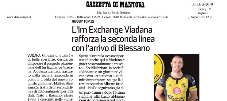 L'Im Exchange Viadana rafforza la seconda linea con l'arrivo di Blessano