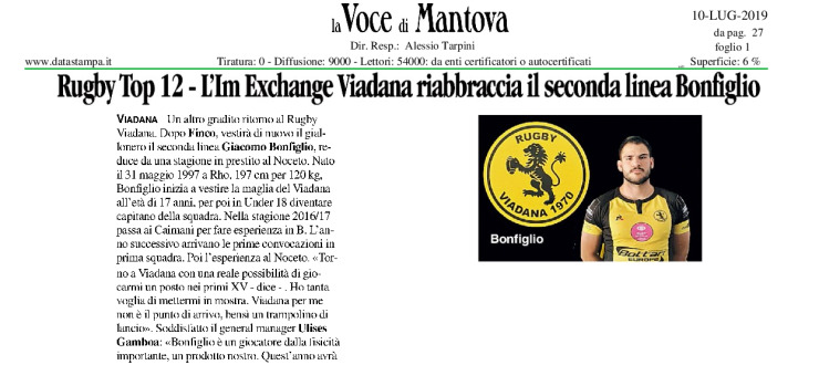 Rugby Top 12 - L'IM Exchange Viadana riabbraccia il seconda linea Bonfiglio