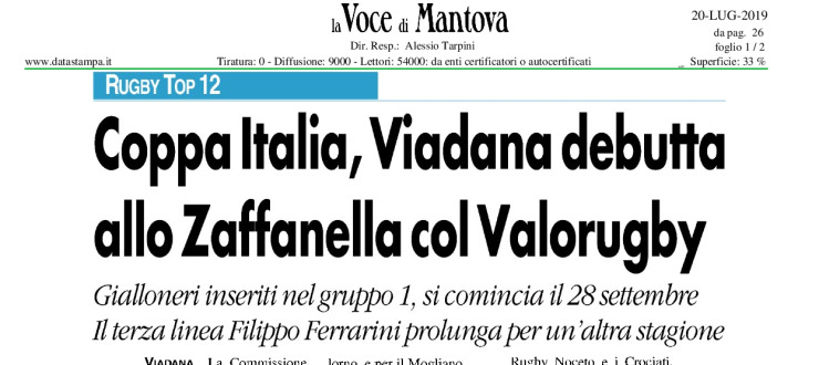 Coppa Italia, Viadana debutta allo Zaffanella col Valorugby