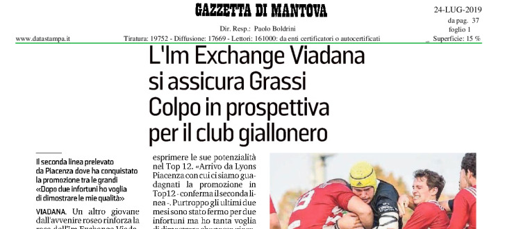 L'IM Exchange Viadana si assicura Grassi. Colpo in prospettiva per il club giallonero