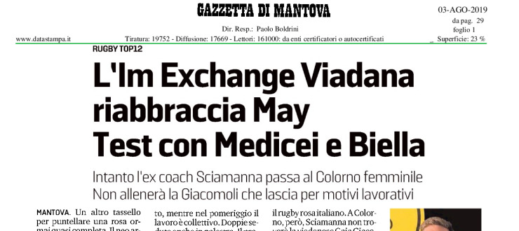 L'Im Exchange Viadana riabbraccia May. Test con Medicei e Biella
