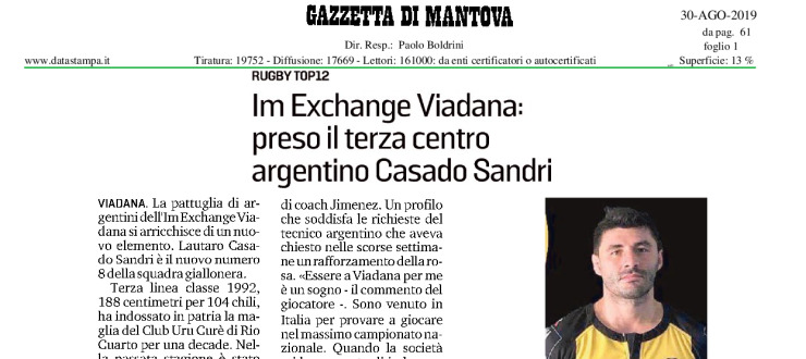 Im Exchange Viadana: preso il terza centro argentino Casado Sandri