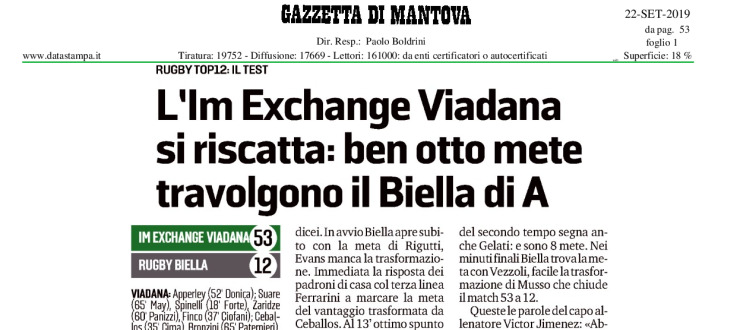 L'Im Exchange Viadana si riscatta: ben otto mete travolgono il Biella di A