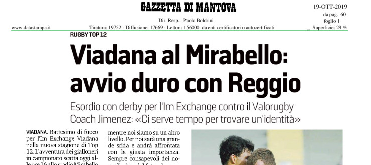 Viadana al Mirabello: avvio duro con Reggio