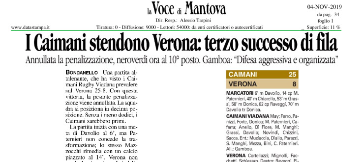 I Caimani stendono Verona: terzo successo di fila