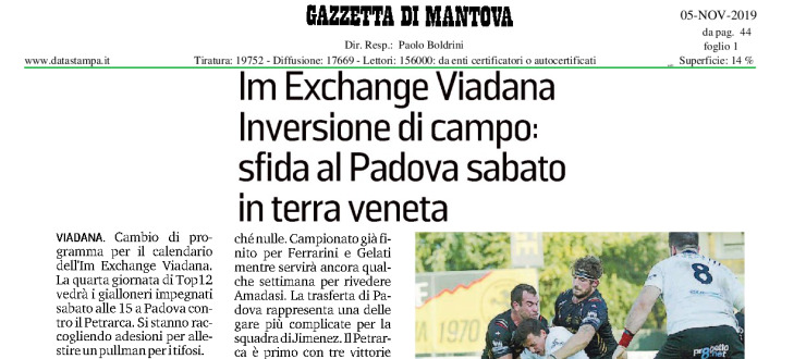 Im Exchange Viadana inversione di campo: sfida al Padova sabato in terra veneta
