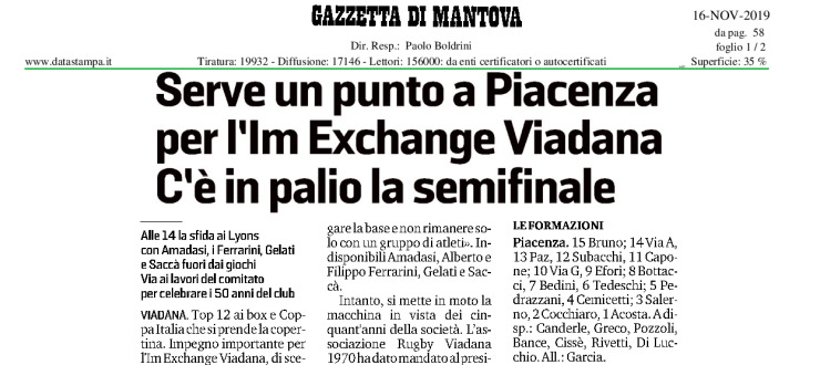 Serve un punto a Piacenza per l'Im Exchange Viadana c'è in palio la semifinale