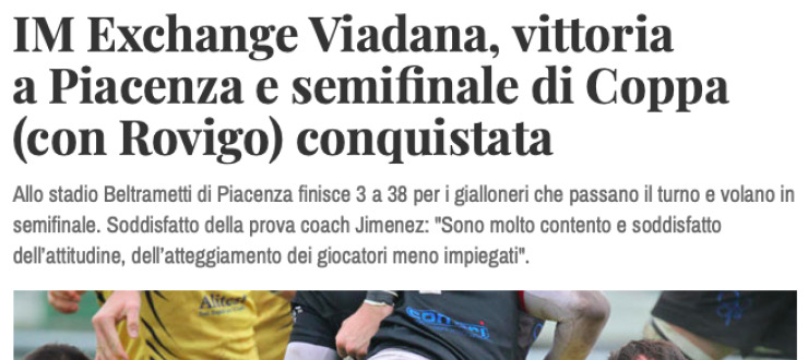IM Exchange Viadana, vittoria  a Piacenza e semifinale di Coppa  (con Rovigo) conquistata