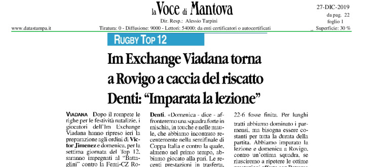 Im Exchange Viadana torna a Rovigo a caccia del riscatto. Denti: "Imparata la lezione"