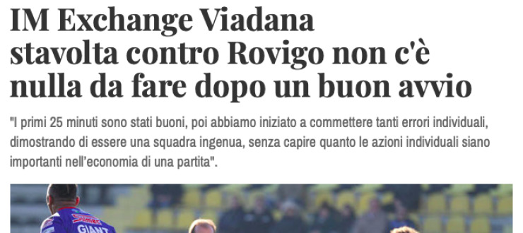 IM Exchange Viadana  stavolta contro Rovigo non c'è  nulla da fare dopo un buon avvio
