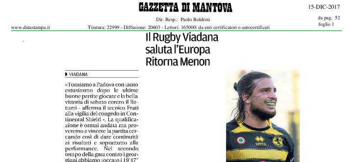 Il Rugby Viadana saluta l'Europa. Ritorna Menon