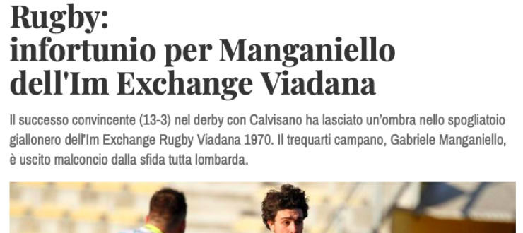 Rugby: infortunio per Manganiello dell'Im Exchange Viadana
