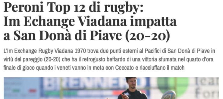 Peroni Top 12 di rugby:  Im Echange Viadana impatta  a San Donà di Piave (20-20)