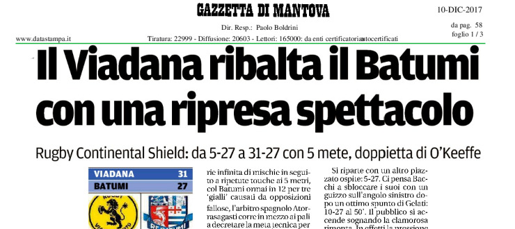 Il Viadana ribalta il Batumi con una ripresa spettacolo