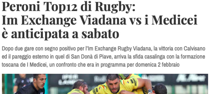Peroni Top12 di Rugby:  Im Exchange Viadana vs i Medicei  è anticipata a sabato