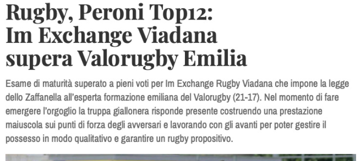 Rugby, Peroni Top12:  Im Exchange Viadana  supera Valorugby Emilia