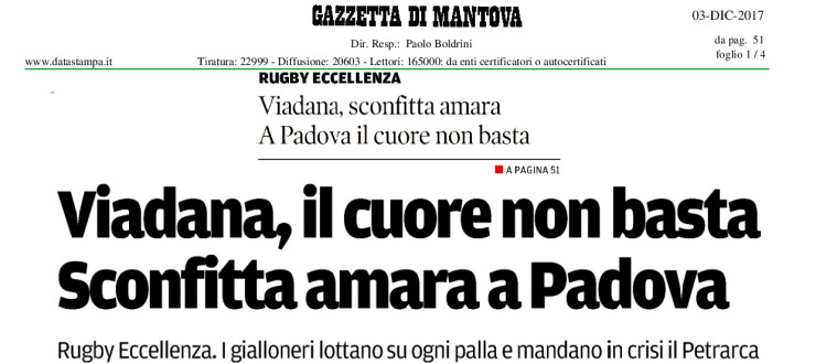 Viadana, il cuore non basta. Sconfitta amara a Padova