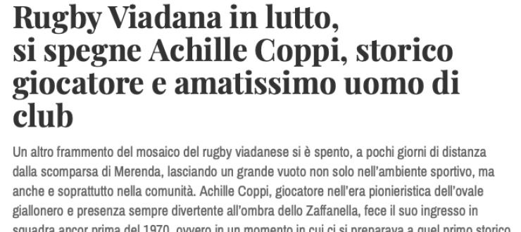 Rugby Viadana in lutto,  si spegne Achille Coppi, storico  giocatore e amatissimo uomo di club