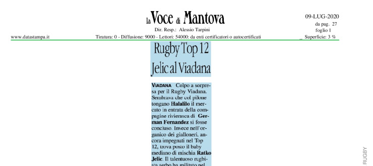 Rugby Top 12. Jelic al Viadana