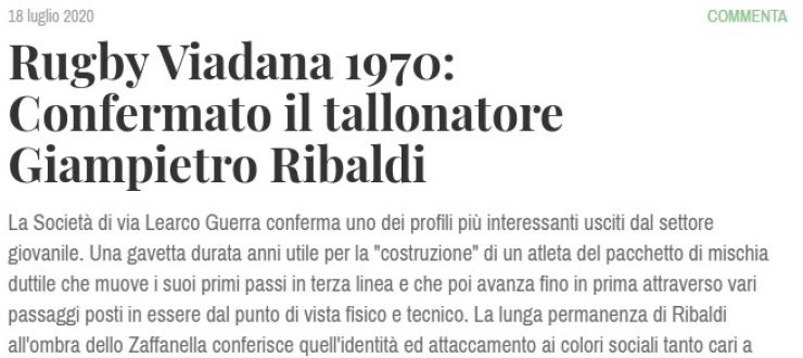 Rugby Viadana 1970: Confermato il tallonatore Giampietro Ribaldi