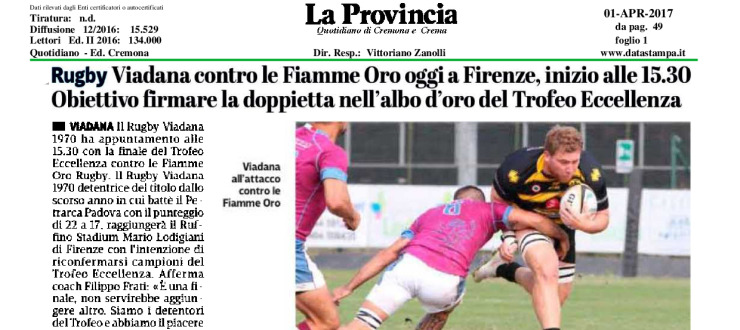 Viadana contro le Fiamme Oro oggi a Firenze. Obiettivo firmare la doppietta nell'albo d'oro del Trofeo Eccellenza