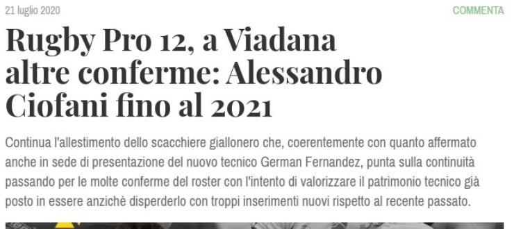 Rugby Pro 12, a Viadana altre conferme: Alessandro Ciofani fino al 2021