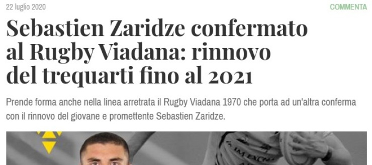 Sebastien Zaridze confermato al Rugby Viadana: rinnovo del trequarti fino al 2021