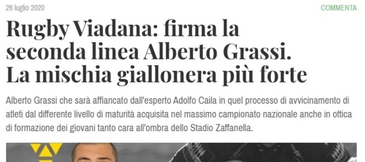 Rugby Viadana: firma la seconda linea Alberto Grassi. La mischia giallonera più forte