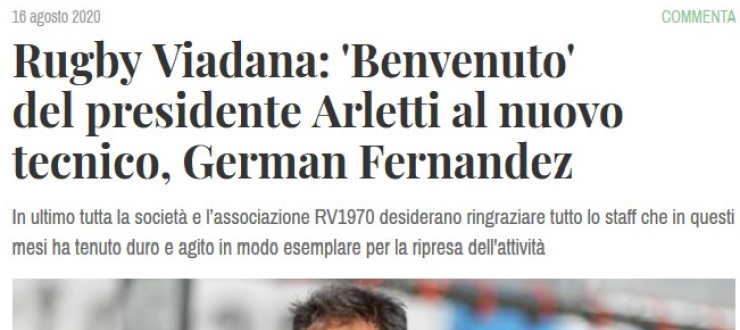 Rugby Viadana: 'Benvenuto' del presidente Arletti al nuovo tecnico, German Fernandez