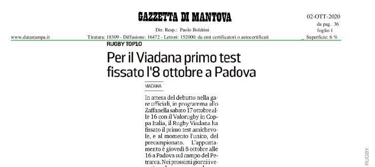 Per il Viadana primo test fissato l'8 ottobre a Padova