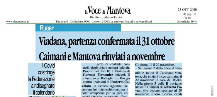 Viadana, partenza confermata il 31 ottobre. Caimani e Mantova rinviati a novembre. 