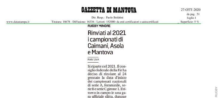 Rinviati al 2021 i campionati di Caimani, Asola e Mantova